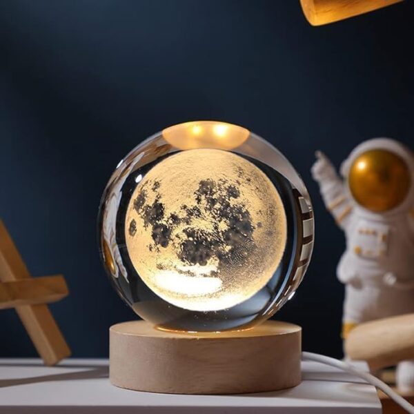 Moon Crystal Ball Night Light,2.4 Inch Glass Ball Night LED Lamp with Woodern Base for Gift