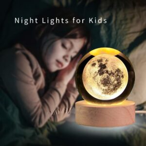 Moon Crystal Ball Night Light,2.4 Inch Glass Ball Night LED Lamp with Woodern Base for Gift