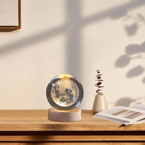 Moon Crystal Ball Night Light,2.4 Inch Glass Ball Night LED Lamp with Woodern Base for Gift